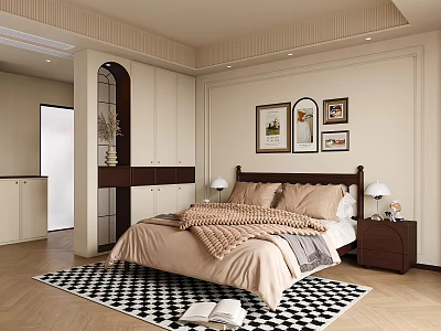 Cozy Bedroom Interior Design With Wooden Bed Frame Checkered Rug And Framed Wall Art 3d model