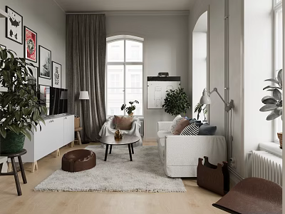 Modern Living Room Interior Design With White Sofa Potted Plants And Framed 3d model