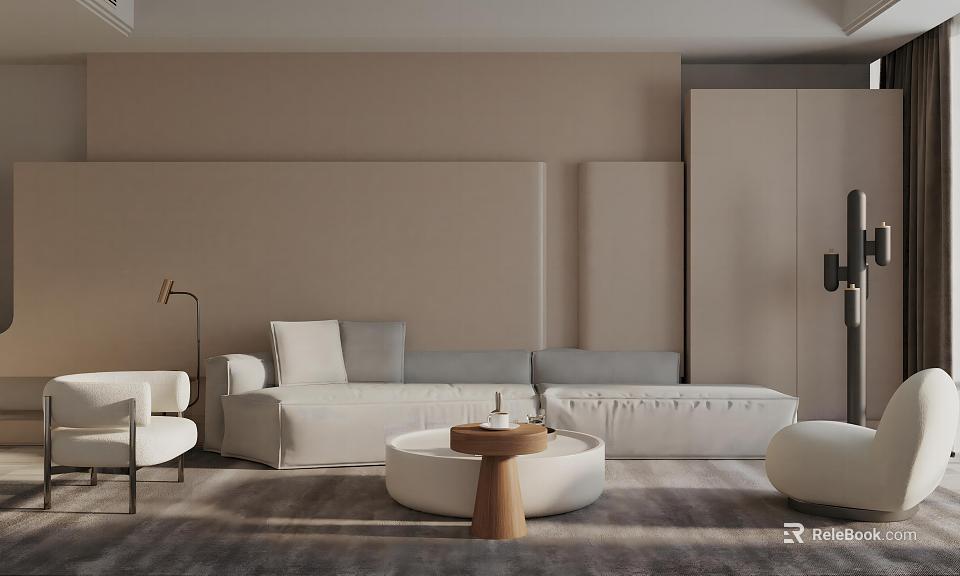 Modern Living Room Interior With Beige Sofa Round Coffee Table Floor Lamp And Rug 3d model 