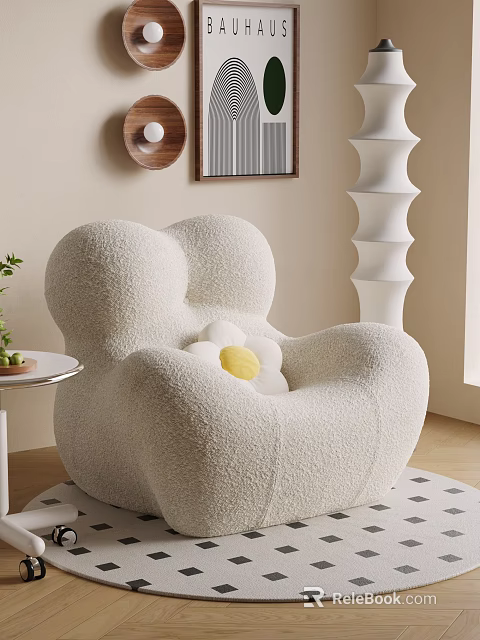 Soft Fluffy Beige Single Seater Sofa With Flower Shaped Cushion Yellow Center 3d model 