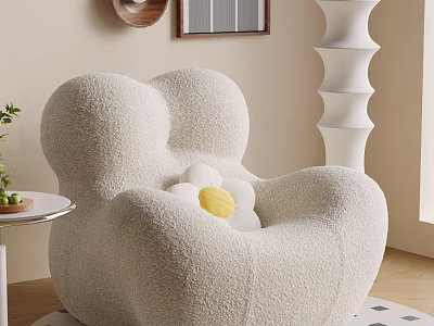 Soft Fluffy Beige Single Seater Sofa With Flower Shaped Cushion Yellow Center 3d model