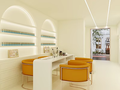 Beauty Salon Interior Design With White Counter Orange Chairs Arched Shelves And Beauty Products 3d model