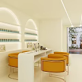 Beauty Salon Interior Design With White Counter Orange Chairs Arched Shelves And Beauty Products