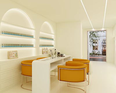 Beauty Salon Interior Design With White Counter Orange Chairs Arched Shelves And Beauty Products 3d model