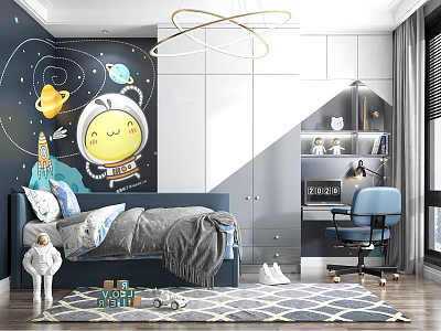 Space Themed Kids Room Interior With Astronaut Mural Planets Rocket Blue Bed And Toys 3d model