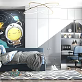 Space Themed Kids Room Interior With Astronaut Mural Planets Rocket Blue Bed And Toys