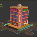 Vibrant Red Hotel Building With Multiple Floors Windows Hotel Sign And Striped Awning