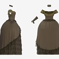 Brown Victorian Style Dresses with Off Shoulder Design and Lace Trim Paired with Matching Gloves