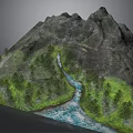 Detailed 3D Mountain Landscape With Flowing River And Lush Green Vegetation