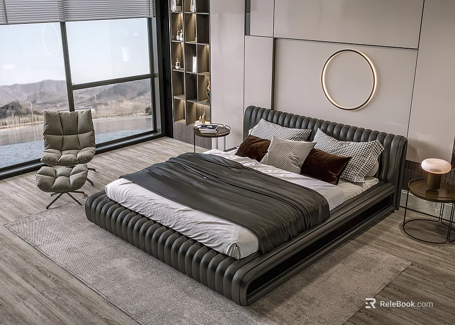 Modern Double Bed With Ribbed Frame Plush Pillows Side Tables And Round Mirror In Room 3d model 