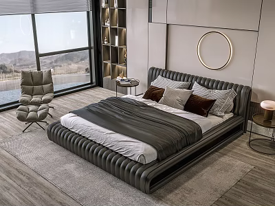 Modern Double Bed With Ribbed Frame Plush Pillows Side Tables And Round Mirror In Room 3d model