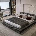 Modern Double Bed With Ribbed Frame Plush Pillows Side Tables And Round Mirror In Room