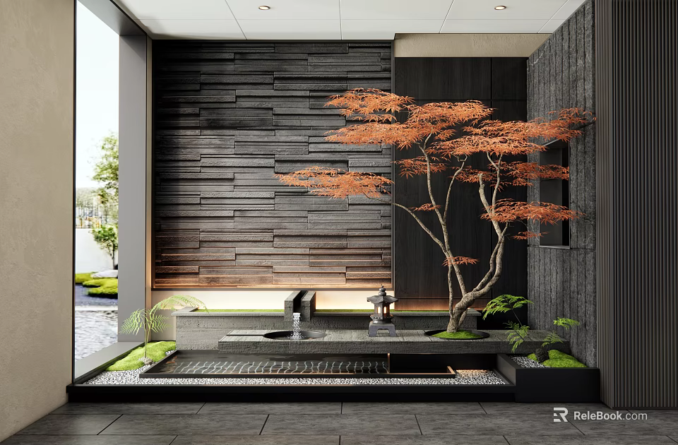 Modern Zen Indoor Landscape With Wooden Wall Red Maple And Water Feature 3d model 