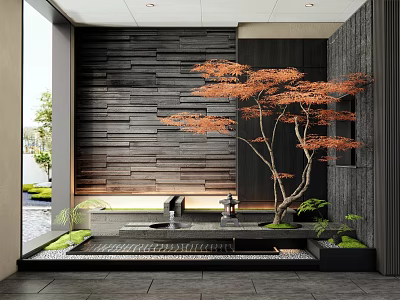 Modern Zen Indoor Landscape With Wooden Wall Red Maple And Water Feature 3d model