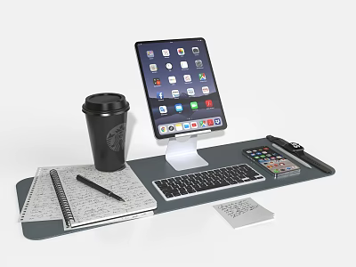 Tablet Connected to Keyboard on Desk with Notebook Pen Mouse Pad and Coffee Cup 3d model