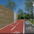 Wooden Feature Wall With Embedded Rectangular Panels Red Bicycle Lane Blue Pedestrian Path And Greenery 3d model
