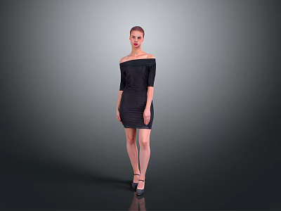 Woman in Black Off Shoulder Dress Standing Against Gray Background with High Heels 3d model