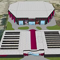 Modern Basketball Arena Design with Blue Seating and Basketball Court Layout