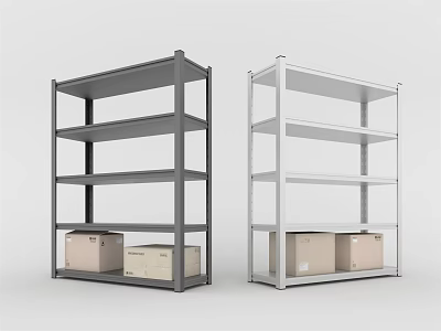 Modern Gray and White Multi Tiered Display Shelves with Cardboard Boxes on Bottom 3d model