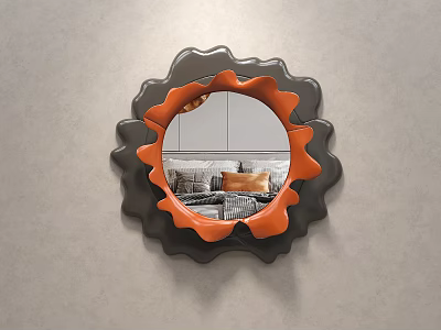 Stylish Mirror With Black And Orange Wavy Frame Mounted On Gray Wall Reflecting Sofa Pillows 3d model