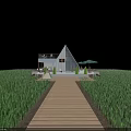 Modern Pavilion Triangular Roof White Exterior Green Grass Field Balcony Terrace Green Umbrellas Small Trees