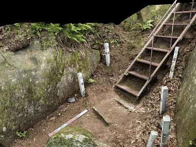 Metal Staircase In Natural Setting With Rock Walls Green Plants And Dirt Ground 3d model
