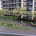 Residential Landscape with High Rise Building Green Lawn Arched Pergola Trees Flowers and People Walking