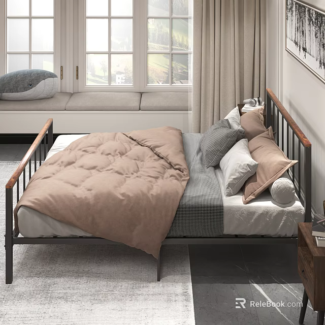 Double Bed With Metal Frame Beige Comforter Gray Pillows Curtains And Window Seat 3d model 