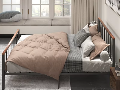 Double Bed With Metal Frame Beige Comforter Gray Pillows Curtains And Window Seat 3d model