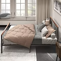 Double Bed With Metal Frame Beige Comforter Gray Pillows Curtains And Window Seat