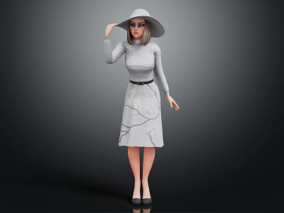 Stylish Woman Wearing Gray Hat Long Sleeve Top And Floral Skirt 3d model