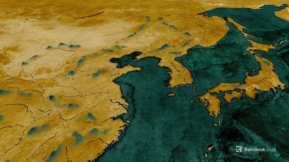 Satellite View of East Asian Topography Featuring Yellow Brown Land and Deep Blue Ocean 3d model 