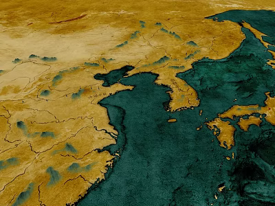 Satellite View of East Asian Topography Featuring Yellow Brown Land and Deep Blue Ocean 3d model