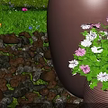 Bonsai Plant in Terracotta Pot with Purple And White Flowers Green Grass Near Stone Pile