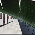 Modern Library Interior With Blue Bookshelves Curved Ceiling Light Strips And White Floor