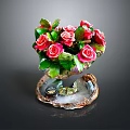 Elegant Red Roses with Green Leaves in Ornate Vase and Decorative Base