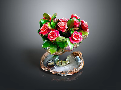 Elegant Red Roses with Green Leaves in Ornate Vase and Decorative Base 3d model
