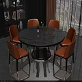 Round Marble Dining Table Set With Six Orange Upholstered Chairs And Central Turntable 3d model