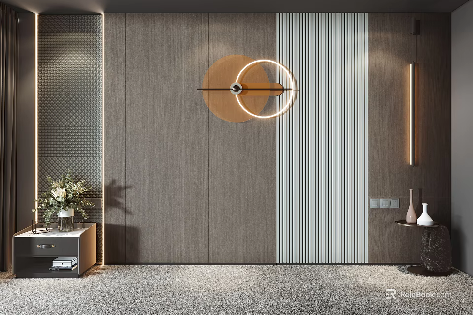 Modern Feature Wall With Wooden Striped Panels Circular Decorative Light Wall Sconces and Vases 3d model 