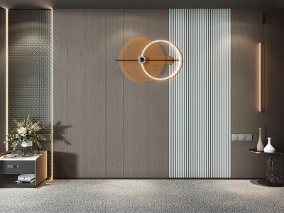 Modern Feature Wall With Wooden Striped Panels Circular Decorative Light Wall Sconces and Vases 3d model