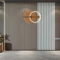 Modern Feature Wall With Wooden Striped Panels Circular Decorative Light Wall Sconces and Vases