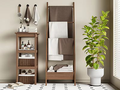 Modern Bathroom Cabinet Rack With Hanging Towels And Potted Green Plant 3d model