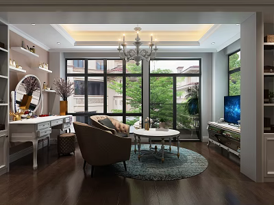 Luxury Villa Balcony With Large Windows Green Outdoor View Comfortable Sofa Coffee Table And Chandelier 3d model