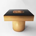 Stylish Dining Table with Black Tabletop Featuring Circular Wood Grain and Gold Cylindrical Base 3d model