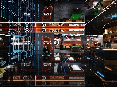 Modern Billiard Room Interior Design With Pool Tables Lighting And Bar Facilities 3d model