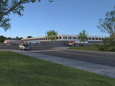 Modern Industrial Factory Exterior With Spacious Road And Delivery Trucks Near Green Trees 3d model