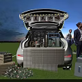 Garden Landscape With Bonfire Group Of People Camping Van Tent And Outdoor Camping