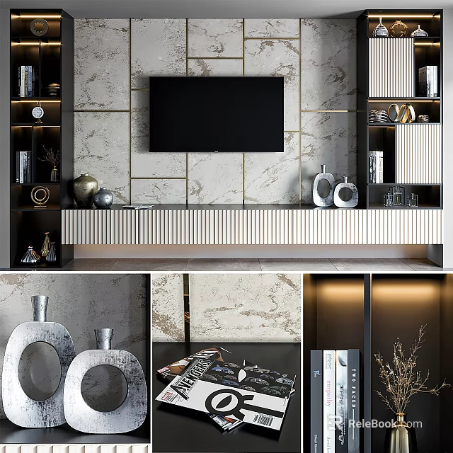 Modern TV Stand Background With Marble Wall Decorative Shelves And Lighting 3d model