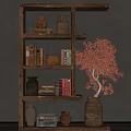 Wooden Decorative Cabinet with Clay Jars Books and Vase with Orange Foliage