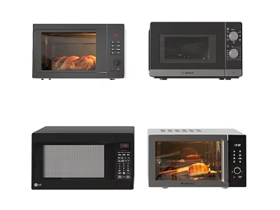 Modern Kitchen Appliances In Black Silver Styles Including Microwaves Ovens With Cooking Food 3d model